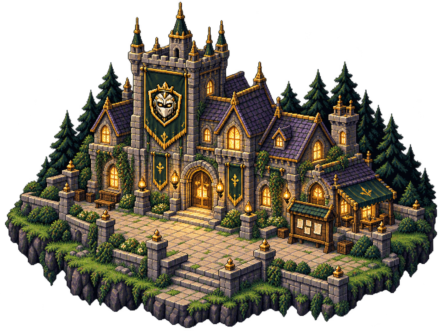 A richly detailed stone guildhall with the gold Agent Guild crest, illuminated windows, forest trees, workshops, and a mission board around a paved courtyard.